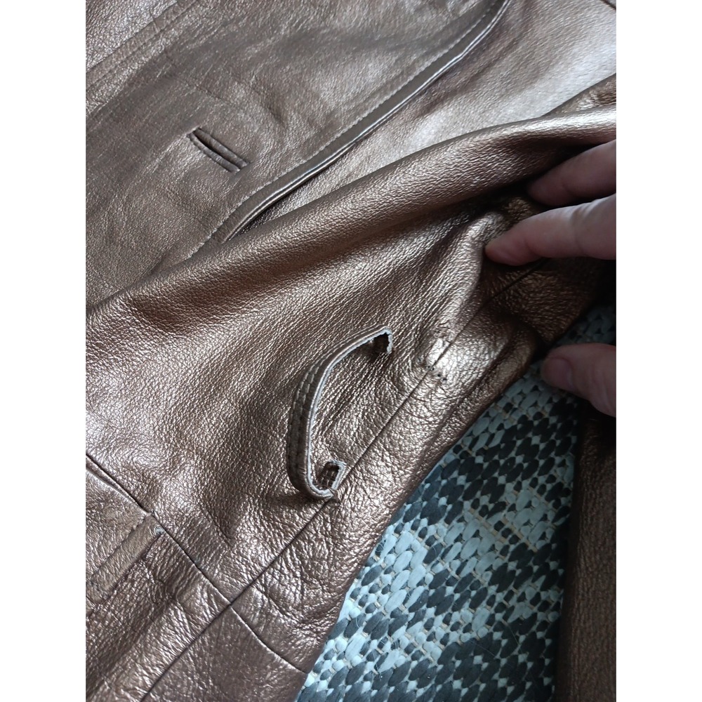 VTG Leather Trench Coat Belted Women Small Metalic Gold Belted‎ Countryside Chic - Picture 15 of 16
